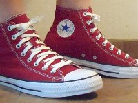 Chili Paste Red High Top Chucks  Wearing chili paste red high tops, right side view 1.